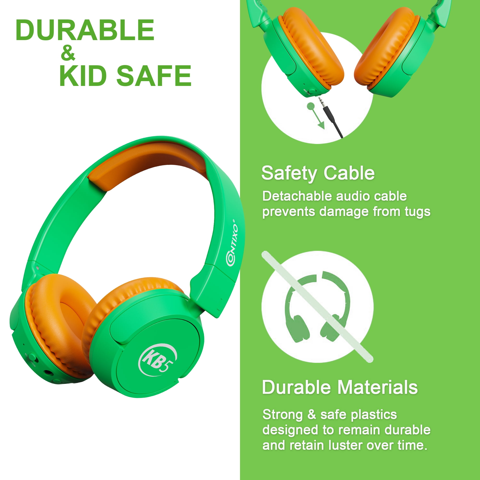 Contixo KB-5 Wireless Kids Headphones, Over-Ear Foldable Bluetooth Headset with 85dB Volume Limit, Green/Orange