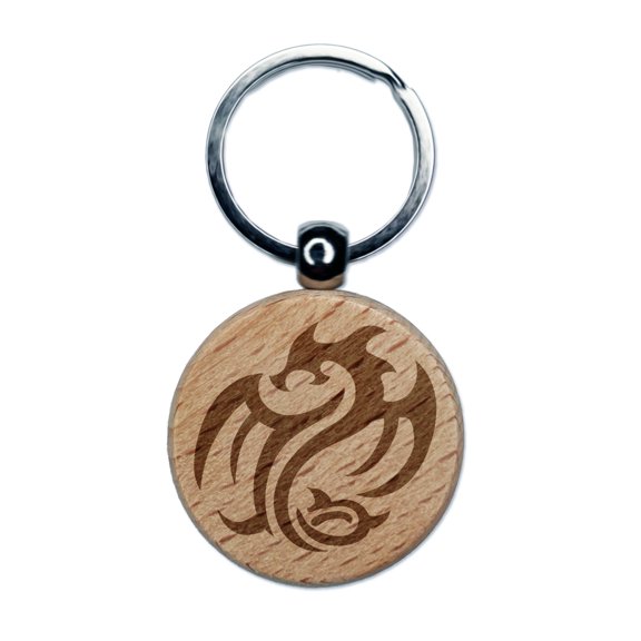Tribal Dragon Swirl Round Keychain Charm Tag - Engraved Wood