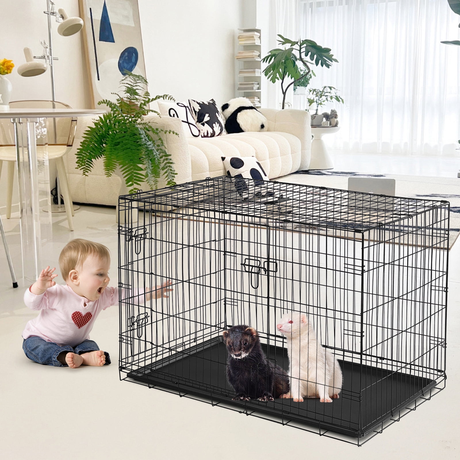 24/48 Inch Dog Crate, Portable Dog Crate with Slide Out Tray, Top & Front Door, Folding Small Critter Cage for Dog, Cat, Bunny, Ferret, Chinchilla, Cat, Rat