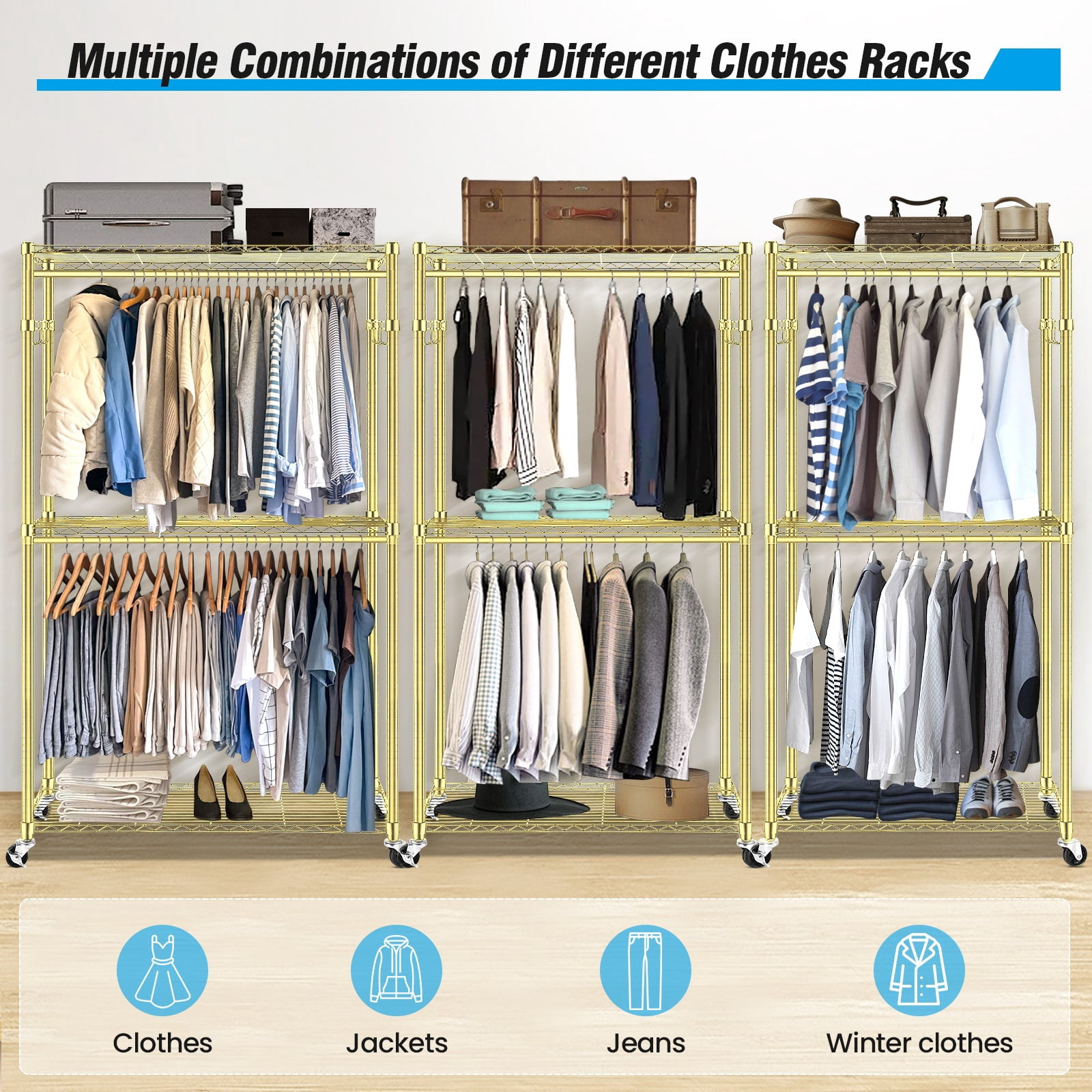 Sailvan Heavy Duty Clothing Rack with 3 Tier Adjustable Shelves, Double Rod Rolling Garment Rack, Small Space Freestanding Closet Wardrobe 17.72" D x 47.24" W x 80.71" H,Gold