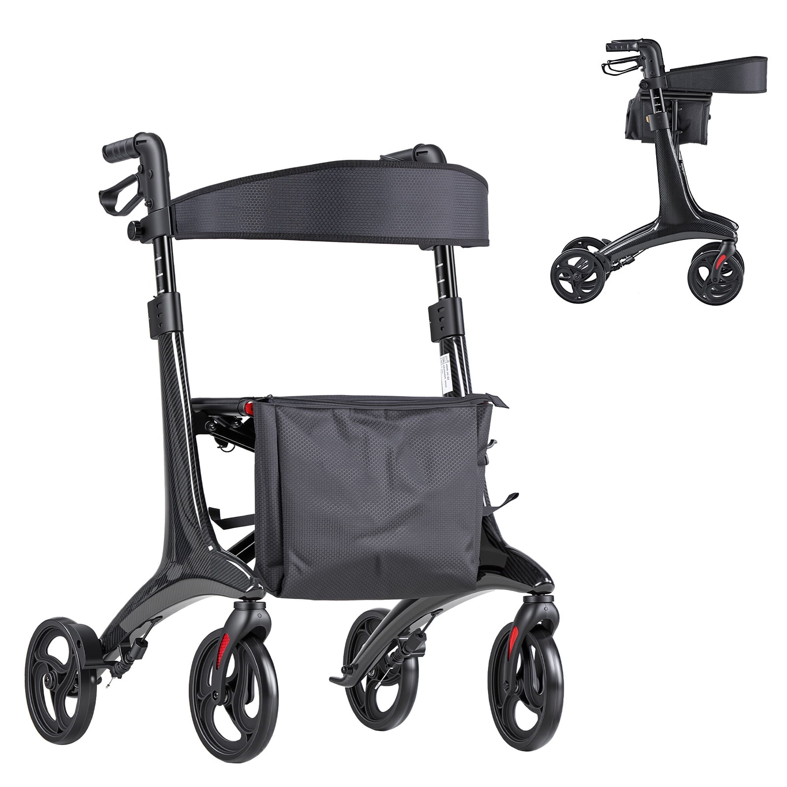 KFFKFF Foldable Rollator Walker with Seat for Seniors, Lightweight Mobility Aid with Carbon Fiber Frame, 8" Solid PVC Wheels, Adjustable Handle, and 300LBS Weight Capacity