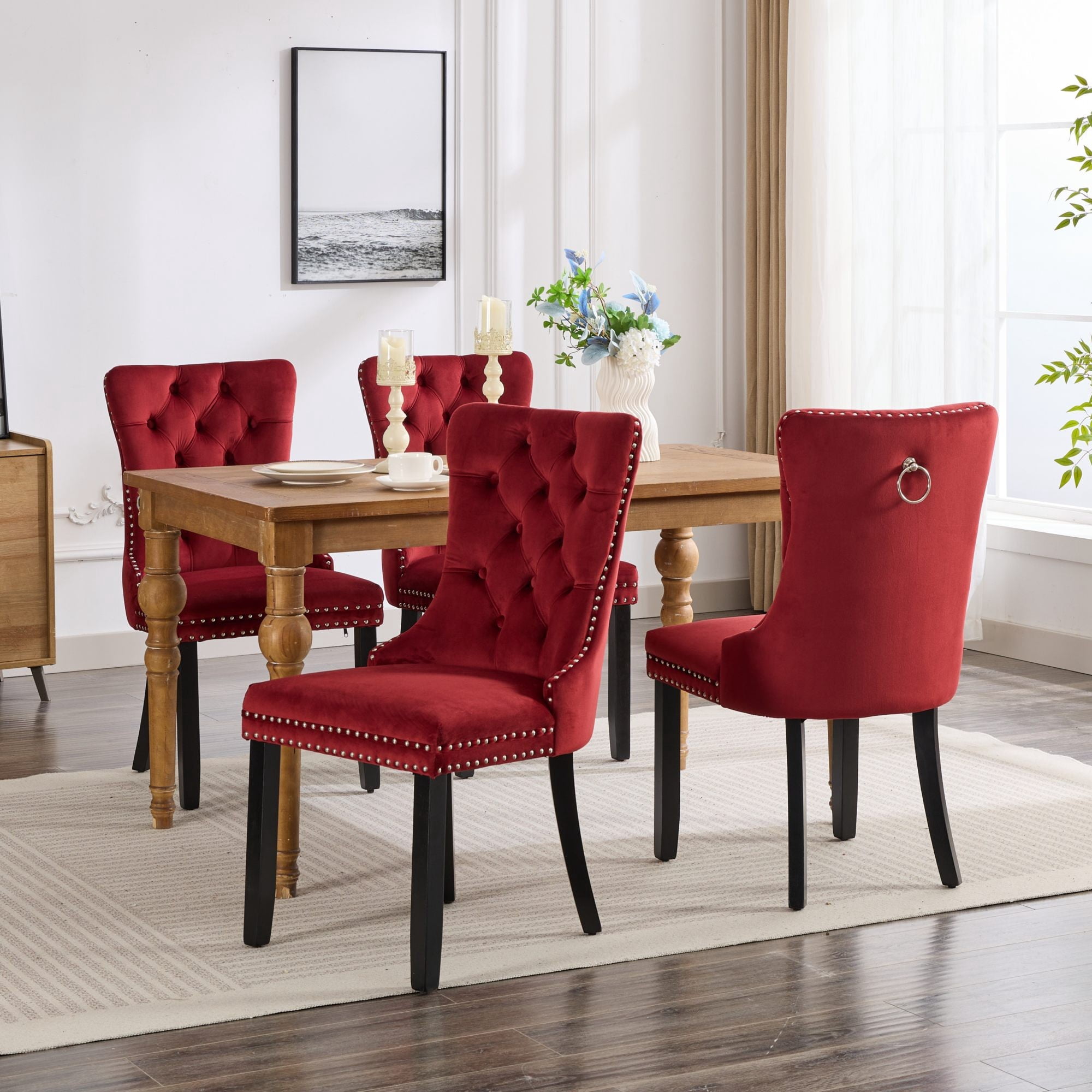 Gewnee Set of 2 Modern Velvet Tufted Upholstered High End Dining Chairs with Wood Legs & Nailhead Trim for Dining Room Kitchen, Burgundy