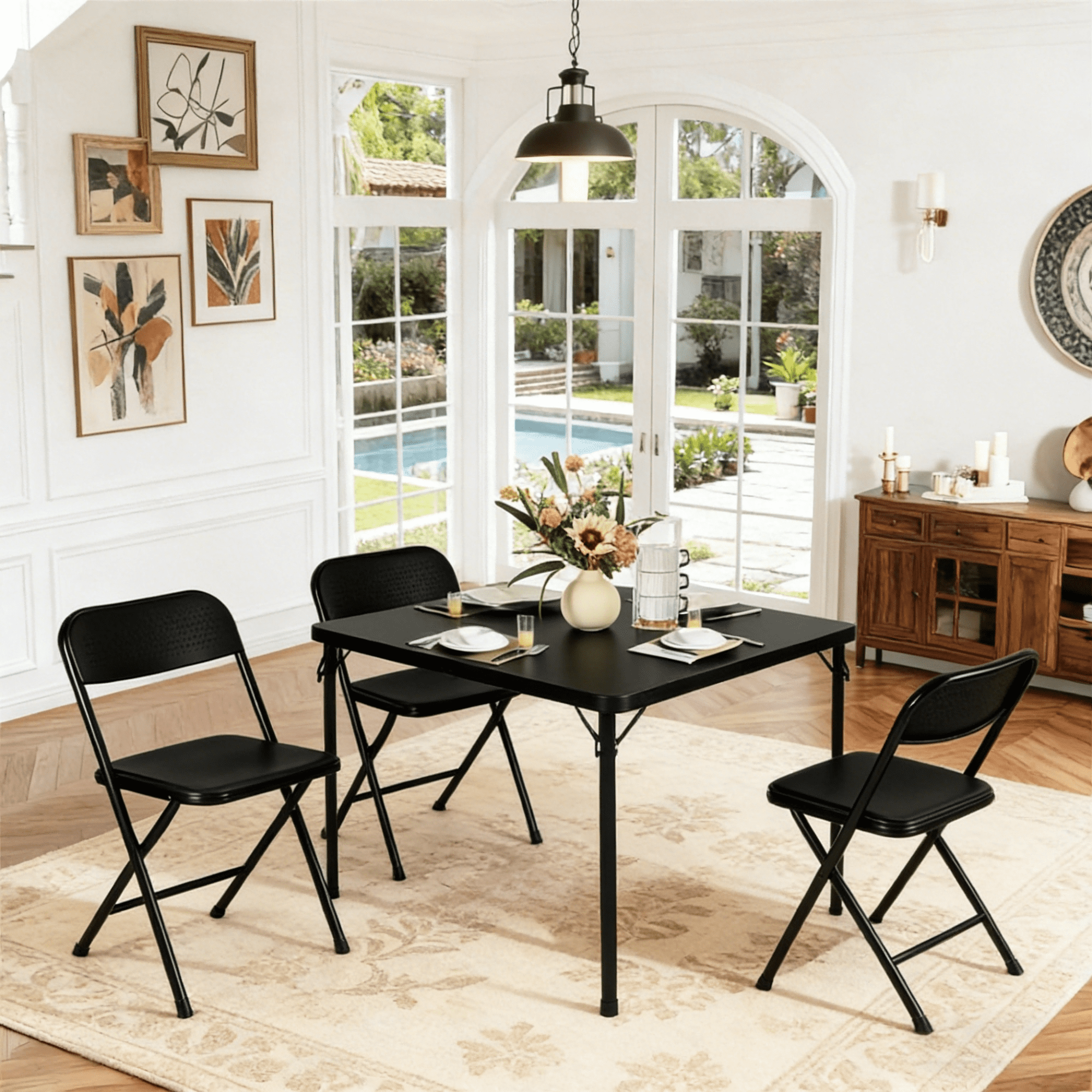 Gewnee 34 Inch Square Folding Table,No Assembly Portable Table,PVC Top with Metal Frame for Dining Room, Living Room, Office & Camping,Black