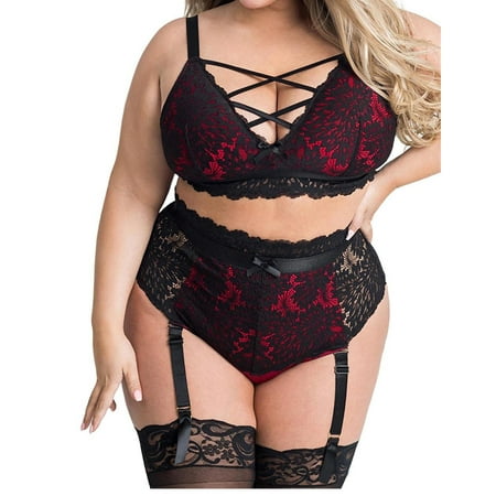 

YDKZYMD Women s Lingerie Black Plus Size Hollow Out Sexy Strappy Nightdress Lace with Garter Belt Bra and Panty 3 Piece