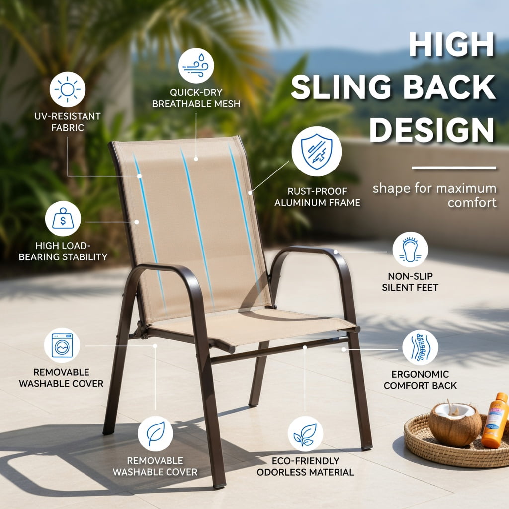Hommoo 2-Pack Outdoor Patio Dining Chairs with Armrests, Heavy-Duty Steel Frame, Breathable Fabric, Stackable & Easy Assembly for Deck, Pool, Garden & Balcony, Beige