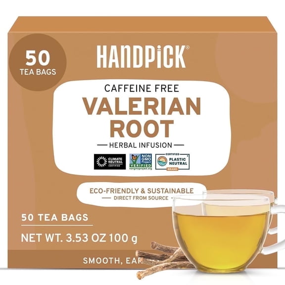 HANDPICK, Valerian Root Tea Bags (Valeriana) 50 Count | Non-GMO, Caffeine Free, Real Ingredients | Earthy/Woody Herbal Tea Bags | Round Eco-conscious Teabags