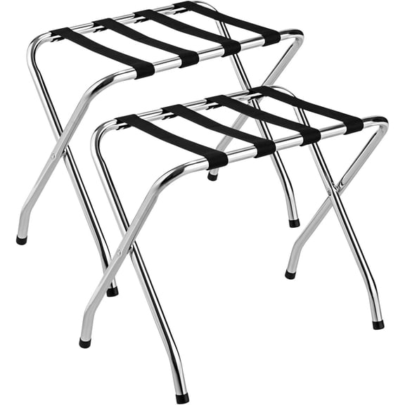 CZMJY Chrome Luggage Rack for Guest Room, No Assembly Required, Folding Metal Suitcase Stand with Nylon Belts, for Home Bedroom Guest Room Hotel, Luggage Rack, Silver (2)
