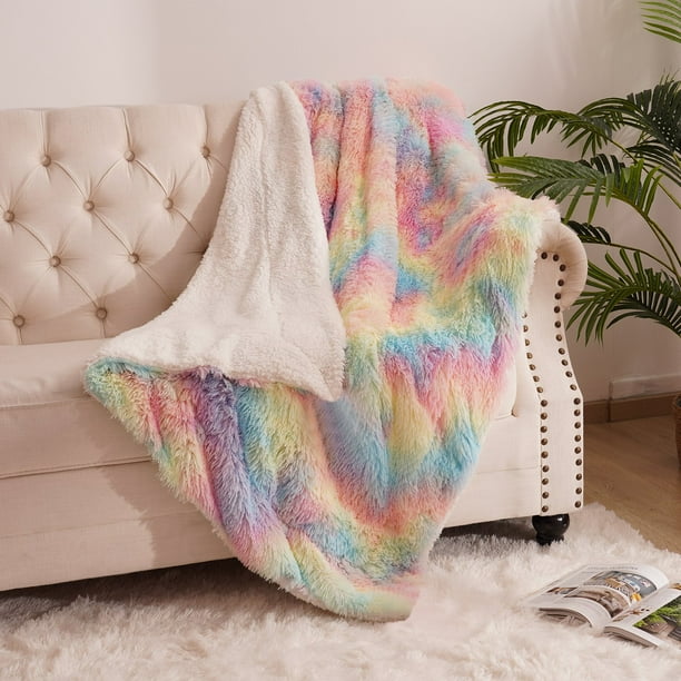 TWINNIS Soft Shaggy Faux Fur Rainbow Blanket Bed Throw Sherpa Fluffy