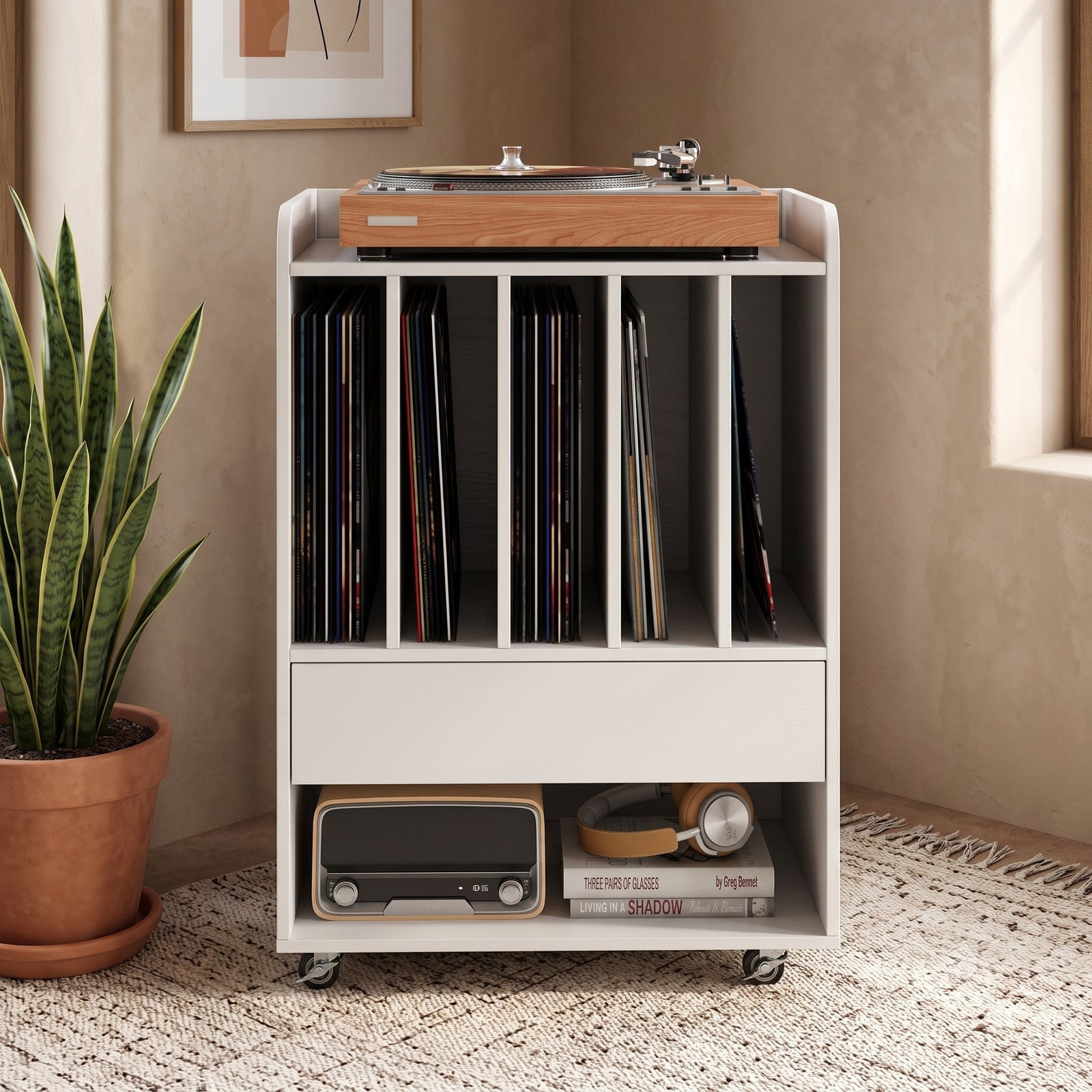Furnibear Record Player Stand, Turntable Stand with Drawer and 5-Slot Vinyl Record Holder, Wood Media TV Stand Side Table with Rolling Lockable Wheels for, White