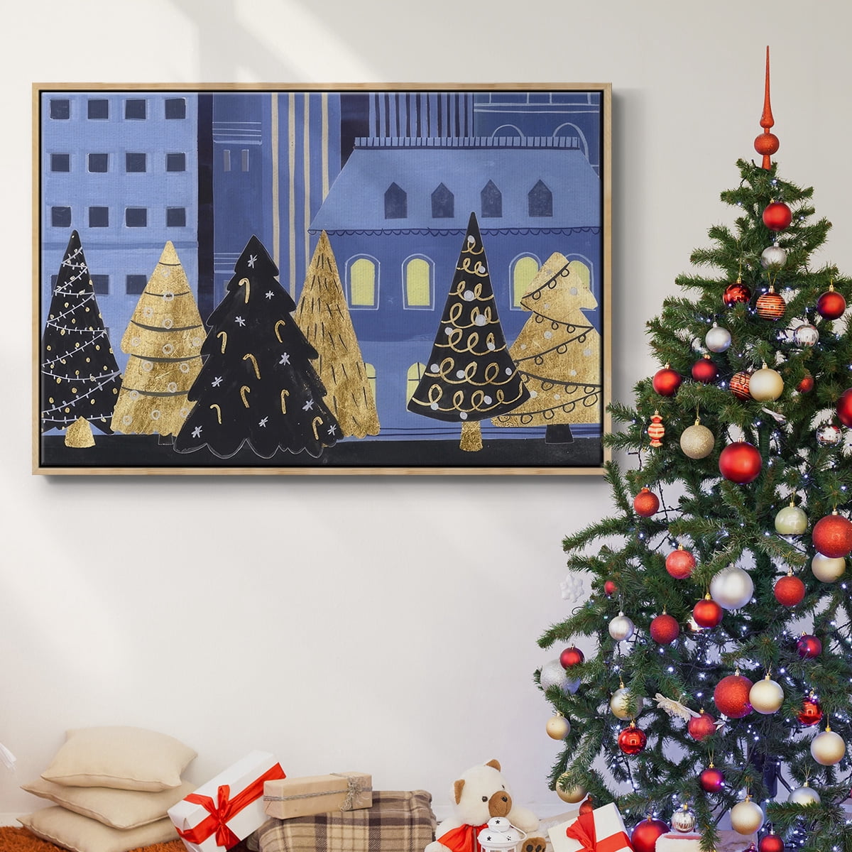 Holiday Night Collection A - Framed Gallery Wrapped Holiday Canvas - 17 x 25 - Natural Wood Frame