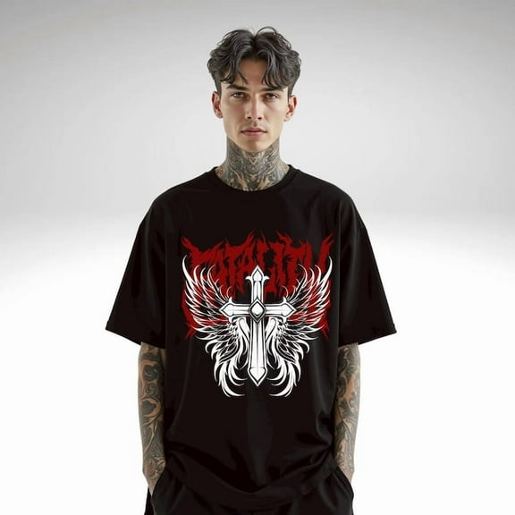 100% cotton tshirts men tee Gothic Winged Cross T-Shirt – Metal Band Graphic Tee, Dark Christian Alt Unisex Shirt