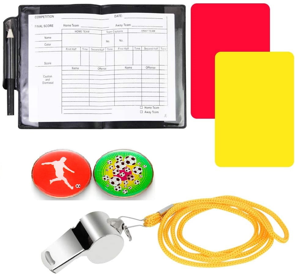 5pcs Soccer Match Sports Referee Warning Card Set Red Yellow Card Booklet 2pcs Referee Metal Whistles 