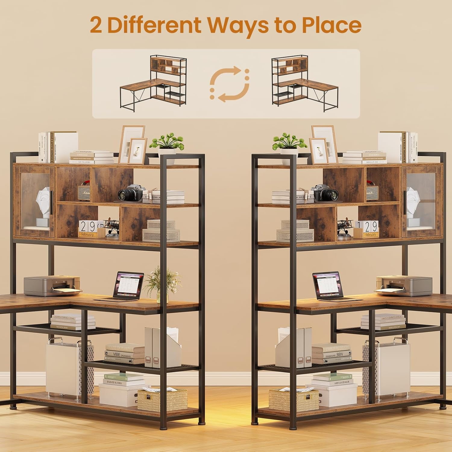 L-Shaped Desk with LED Lights & Hutch, Reversible Corner Computer Desk with Storage Shelves & Glass Cabinet, Writing Desk for Home Study, Rustic Brown