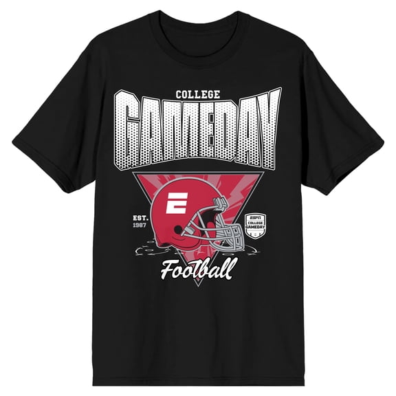 ESPN Red Football Helmet College Gameday Est. 1987 Adult Black White Crew Neck Short Sleeve T-shirt-XS