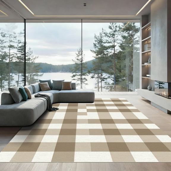 ODIKA 4' x 6' Machine Washable Non-Slip Area Rug, farmhouse plaid High Traffic Rug, Beige, 942205
