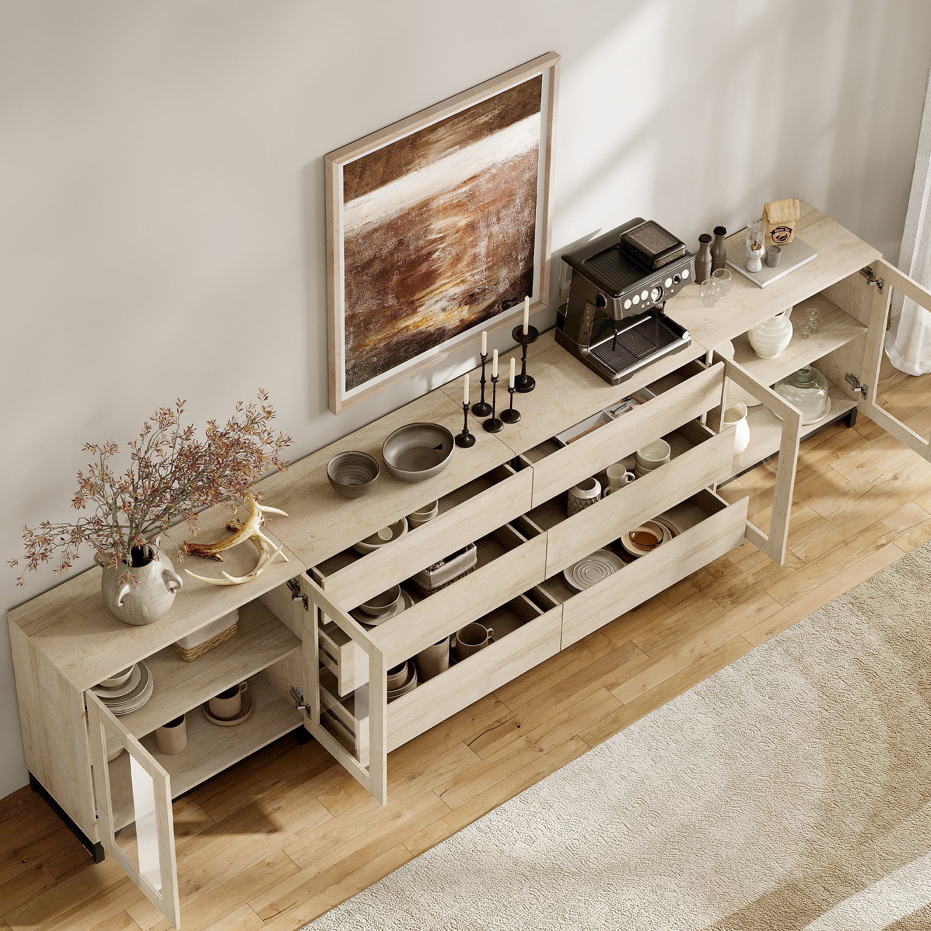 Multifunctional Coffee Bar Cabinet, 4-In-1 Storage Sideboard with Glass Doors, 6 Drawers and Adjustable Shelf, Sturdy Metal Base Buffet Cabinet for Kitchen Living Room,Beige