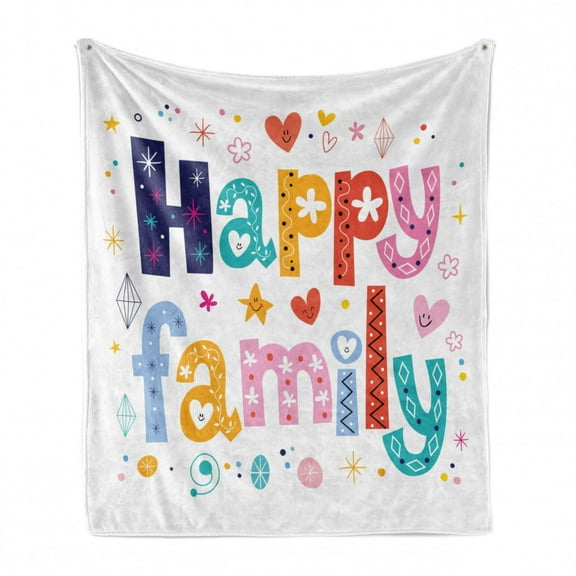 Family Soft Flannel Fleece Throw Blanket, Happy Family Letters with Flowers Hearts Stars Dots Circles Cartoon Like Artwork, Cozy Plush for Indoor and Outdoor Use, 50" x 60", Multicolor, by Ambesonne