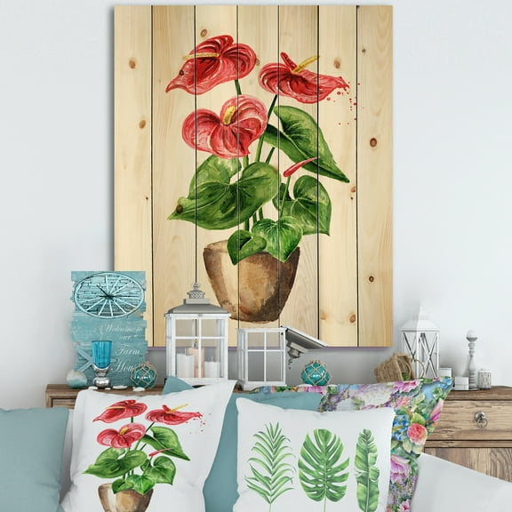 Designart 'Anthurium Tailflower In The Pot' Traditional Print on Natural Pine Wood