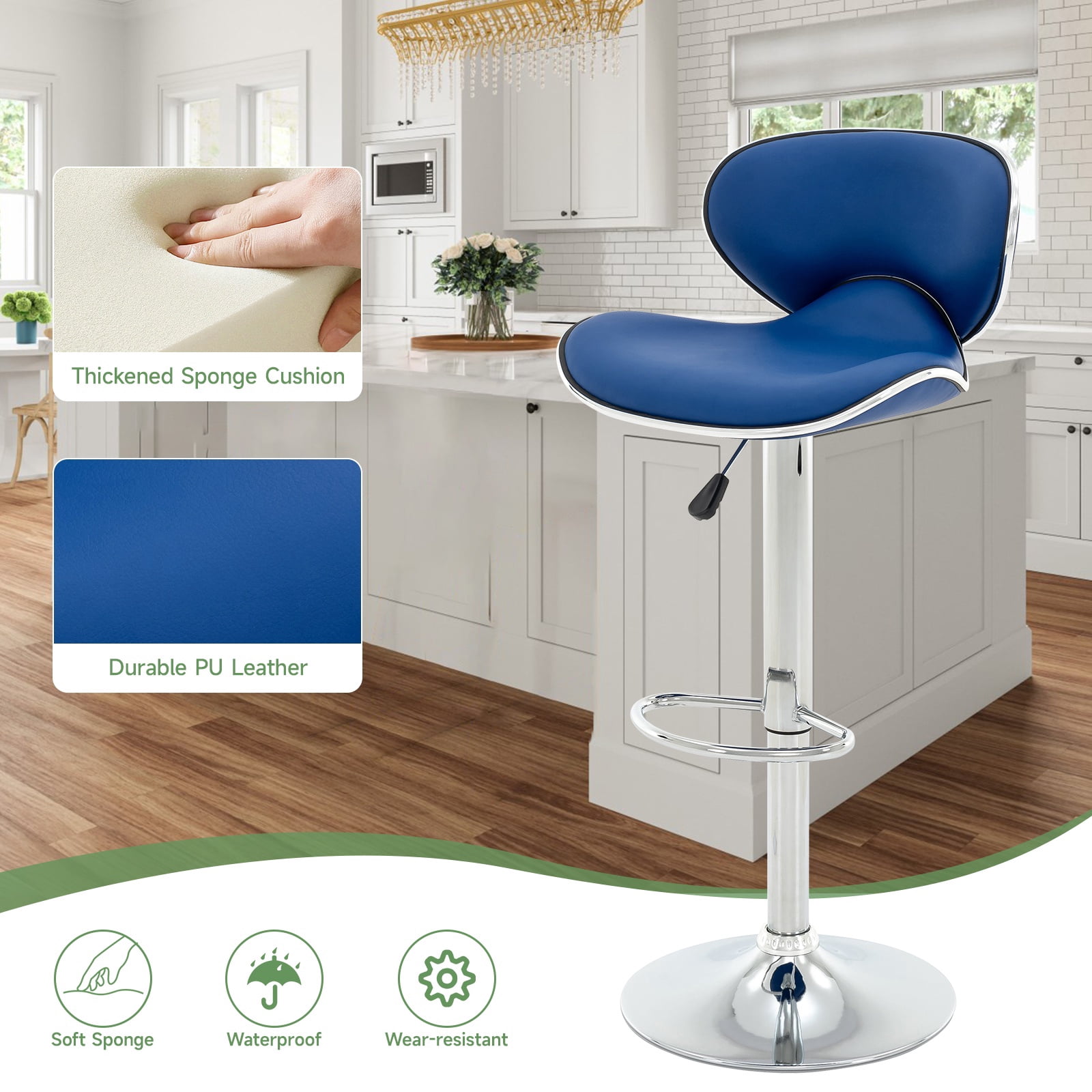 Adjustable Swivel Bar Stools Set of 2 , Modern PU Leather Upholstered Bar Chairs with Chrome Base for Kitchen Island, Dining Room, Pub, Counter (Blue)