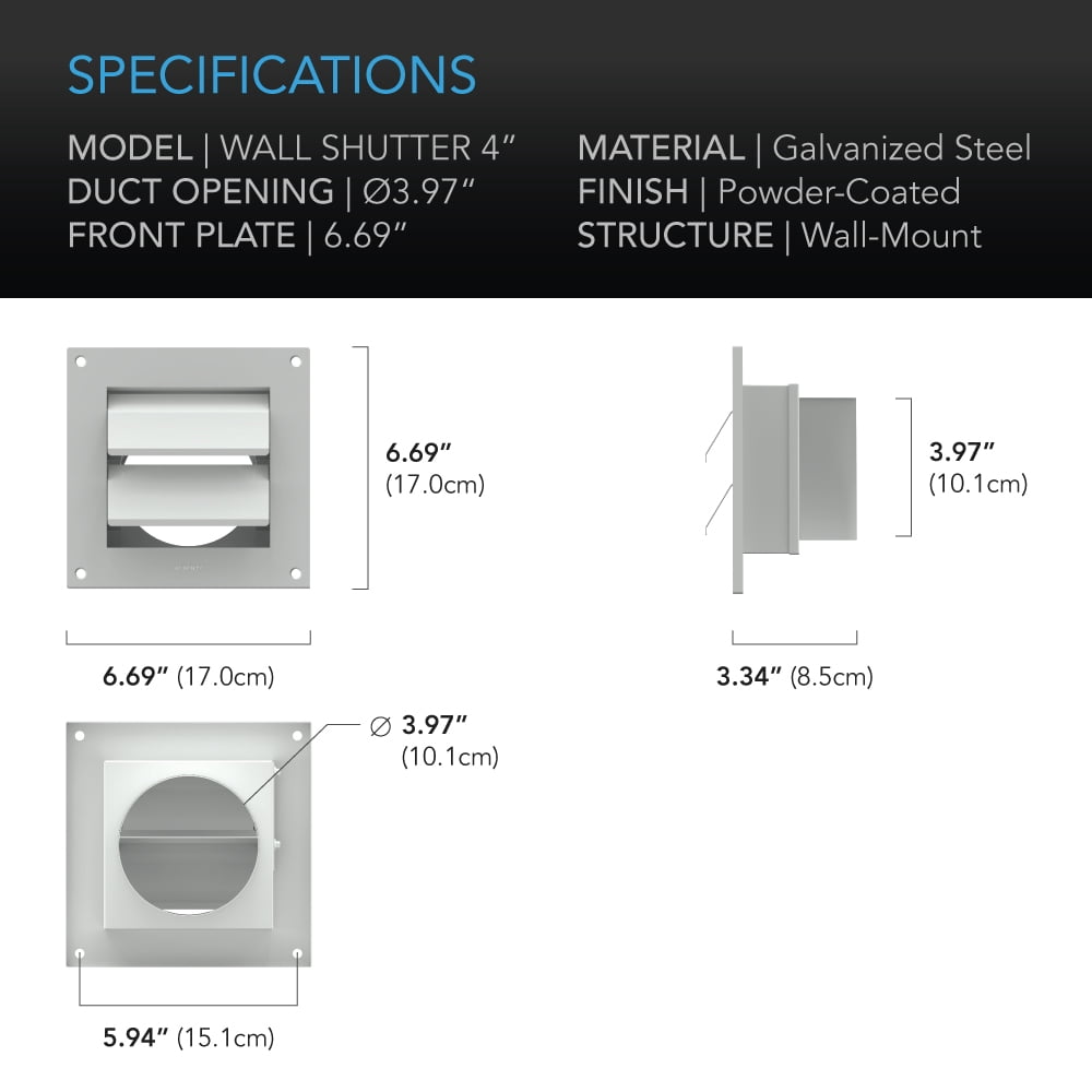 AC Infinity Wall Mount Duct Shutter, 4” Outdoor Louver Gable Vent Hood for Home Attic Grow Tent HVAC Systems