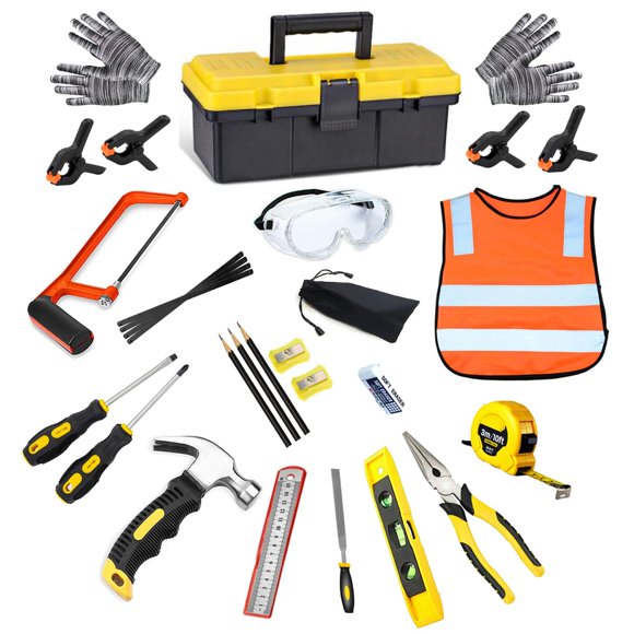 QeeHeng Kids Real Tools Set,Woodworking Tool Set,30 PCS Builder Children Real Hand Tools Kit Construction Learning,Home DIY Play for Boys & Girls Beginner Learning Gift,Come with Tool
