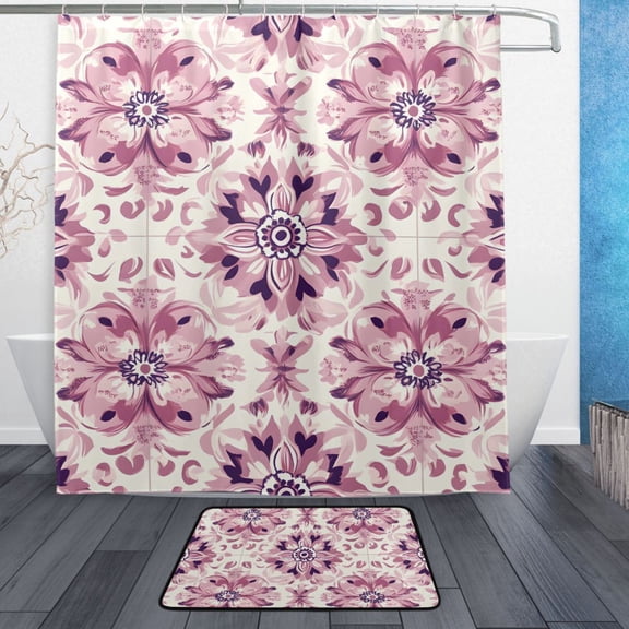 Pink and Purple Flowers 2 Pcs Bathroom Shower Curtain Set with Bath Mat and Shower Curtain 66"x72"