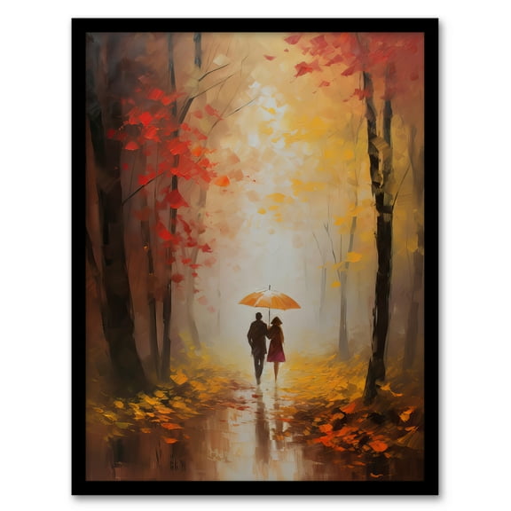 Romantic Stroll Oil Painting Orange Red Autumn Forest Landscape Bedroom Art Art Print Framed Poster Wall Decor 12x16 inch