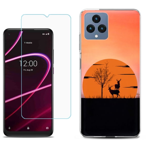Slim-Fit Gel TPU Fashion Phone Case for T-Mobile Revvl 6 5G, with Tempered Glass Screen Protector, by OneToughShield ® - Sunset Deer