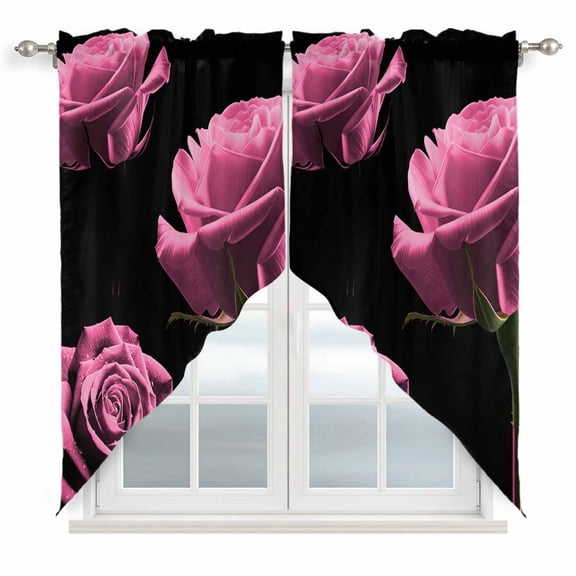 Pink Rose Kitchen Window Curtains, Swag Curtains Valance for Bedroom Living Room Bathroom, Vintage Abstract Garden Flower Floral Black Rod Pocket Window Curtain Block Drapes 2 Panels 36"x45"
