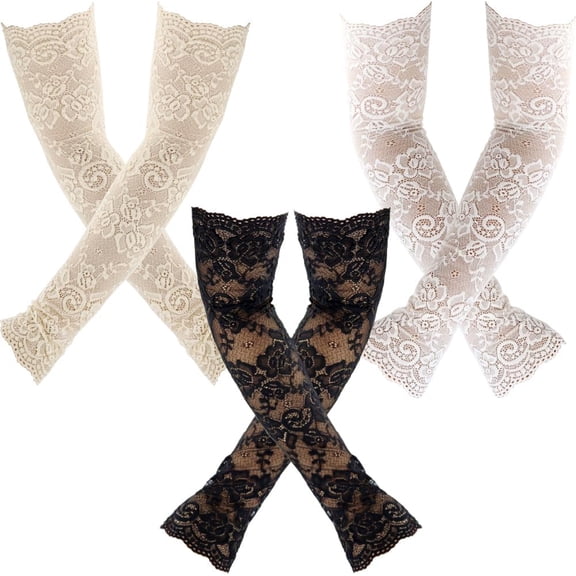Minzimin 3 Pairs Women Long Lace Glove Sunblock Fingerless Bridal Arm Sleeves Stretchy Elbow Length Floral Gloves Bridal Gloves for Wedding Dance Tea Party Cosplay Party Costume Accessories