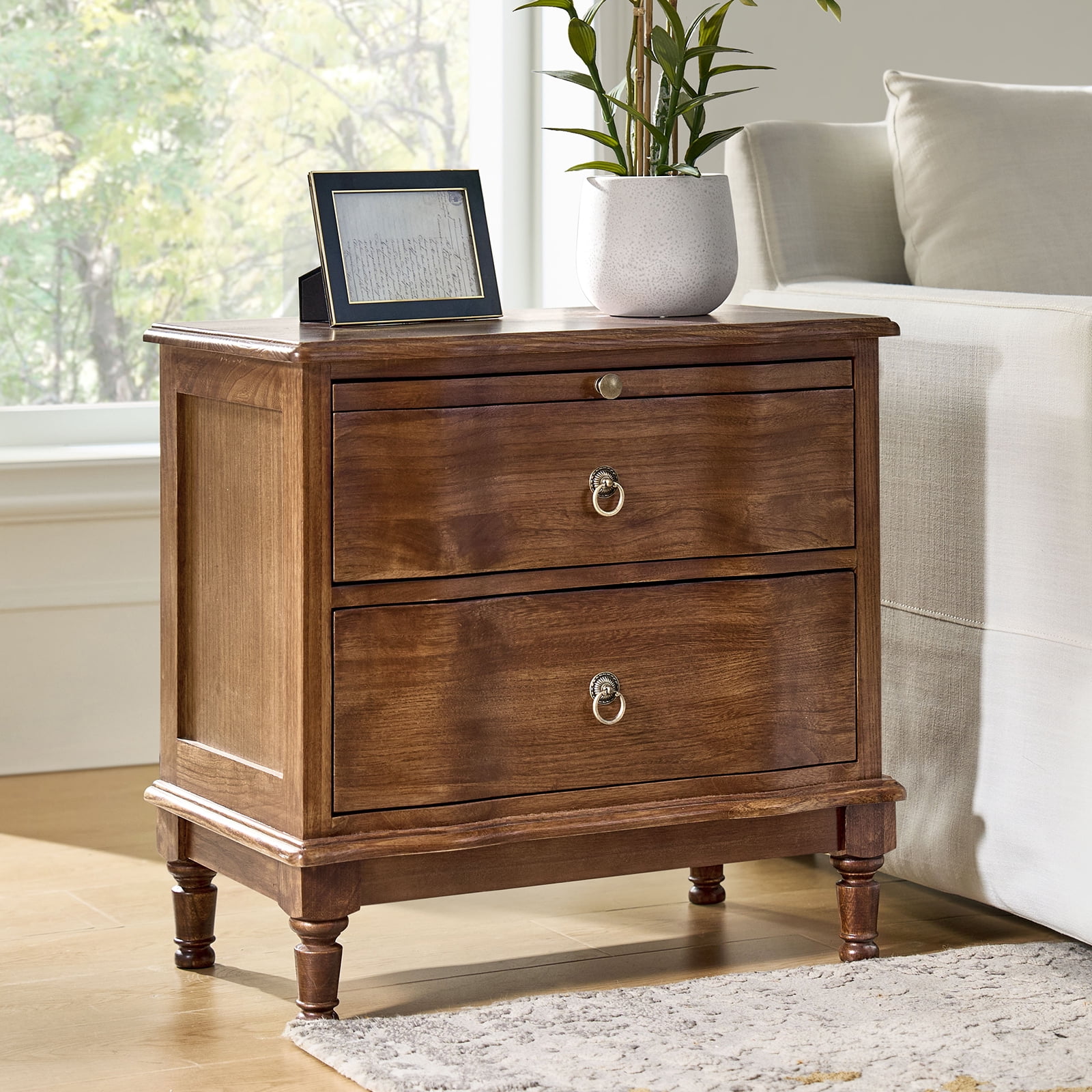 25" Traditional 2 Drawers Solid Wood End Table with Pull-out Tray and Charging Station Cherry