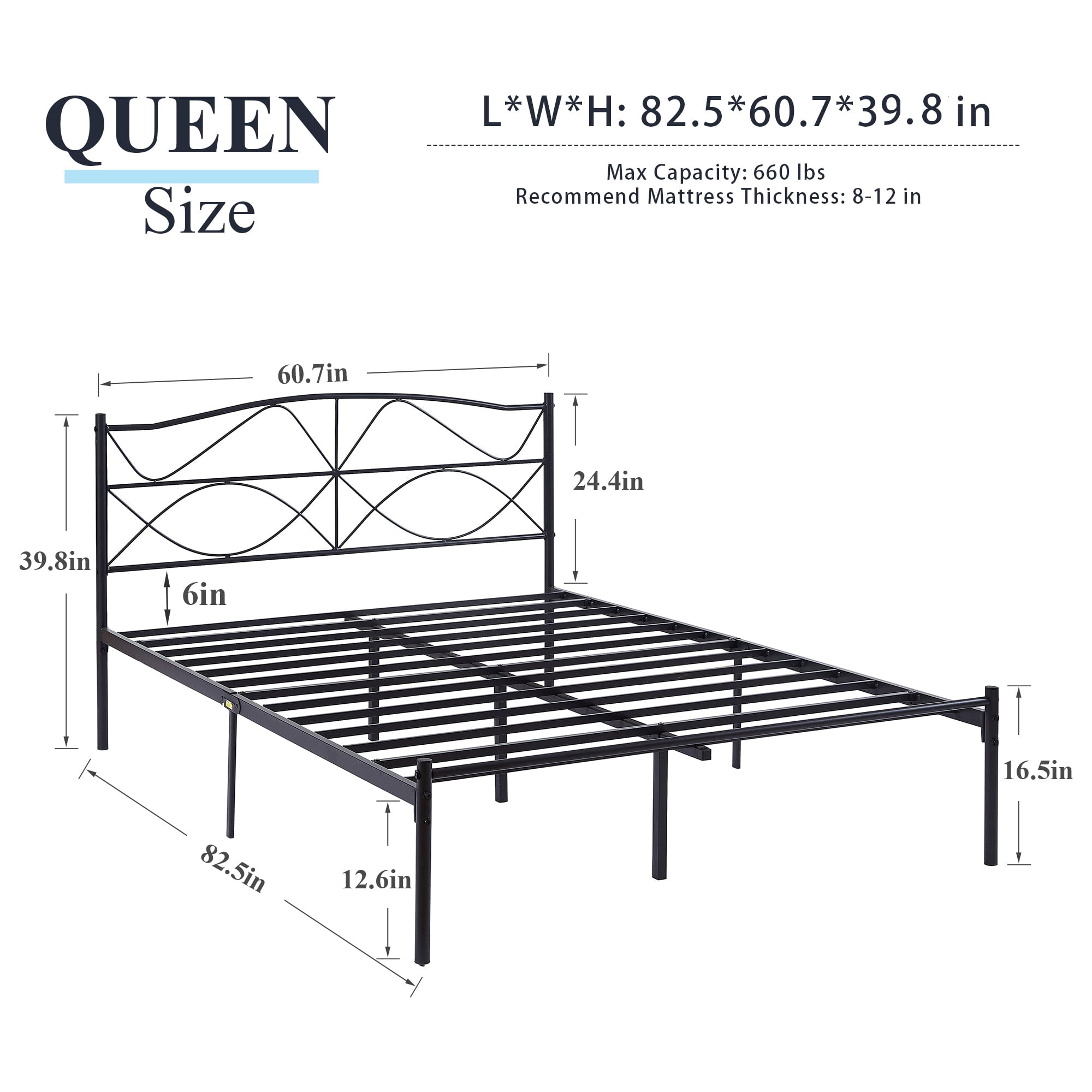 VECELO Queen Size Metal Platform Bed Frame with Headboard, Heavy Duty Steel Slats Support/No Box Spring Needed, Black