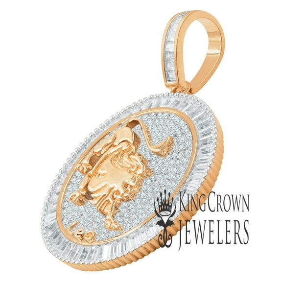14K Rose Gold Finish Leo Lion Zodiac Sign Astrology Horoscope Unisex Charm Baguette & Round Cut Lab Diamond Pendant