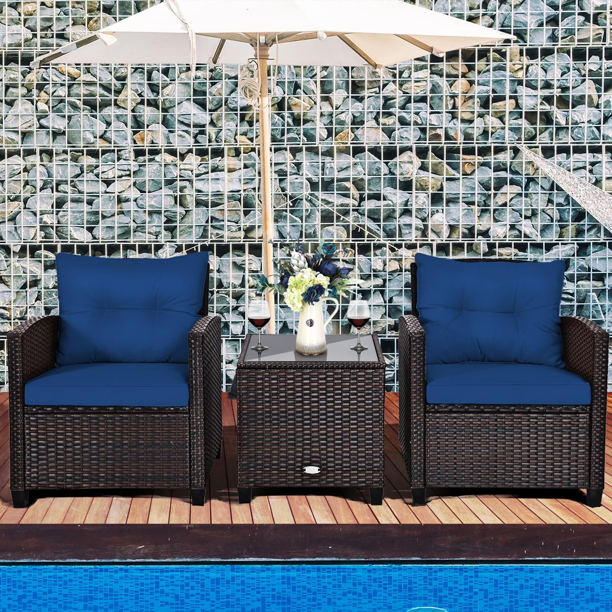 Giantex 3 Pieces Patio Furniture Set, PE Rattan Wicker 3 Pieces Outdoor Sofa Set with Washable Cushion and Tempered Glass Tabletop, Conversation Furniture for Garden Poolside Balcony (Navy)
