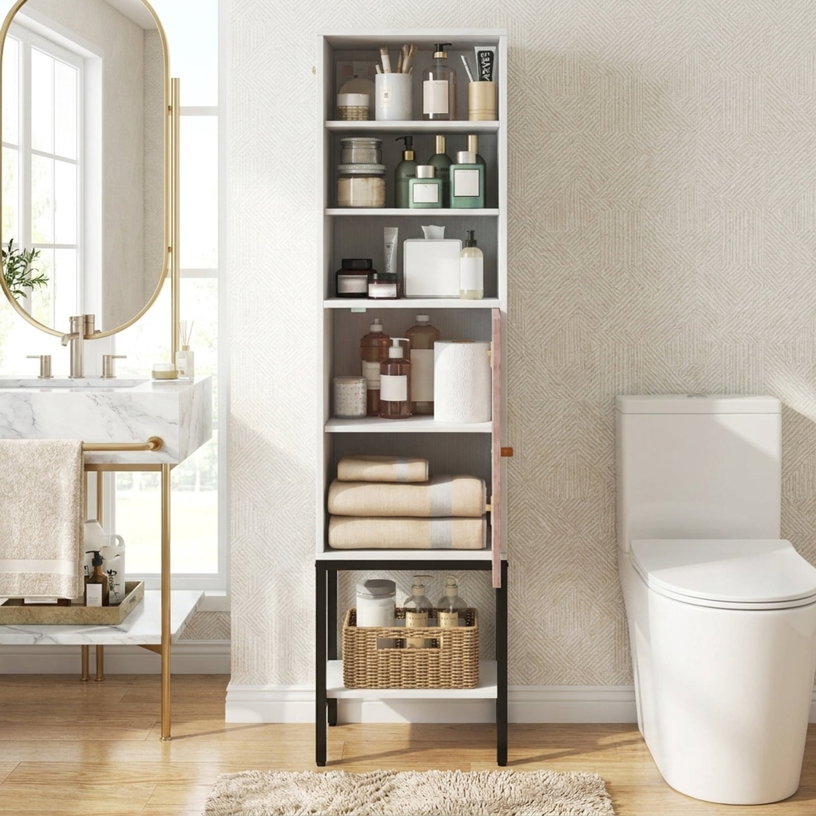 Vebreda Freestanding Bathroom Storage Cabinet, 57 Inch Bathroom Tall Cabinet with 1 Door and 4 Shelves Narrow Storage Unit with Adjustable