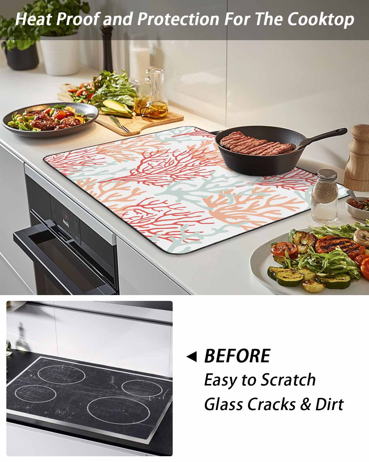 Stove Top Covers for Electric Stove, Red Orange Grey Coral Coastal Glass Stovetop Cover Protector, Summer Beach Seaside Nautical Induction Cooktop Protector Oven Mat for Kitchen Countertop 36"x21"