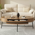 thumbnail image 3 of Oval Coffee Table with Drawer Mid-Century Modern Center Table 47.2“ Wooden Coffee Table with Storage and Cross Metal Legs Unique Curved Design for Living Room (Natural), 3 of 6