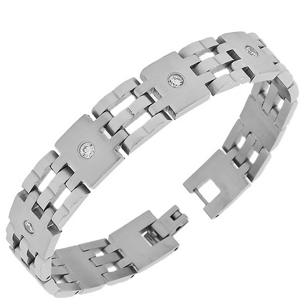 Stainless Steel Silver-Tone Link Chain White Round CZ Mens Bracelet with Clasp