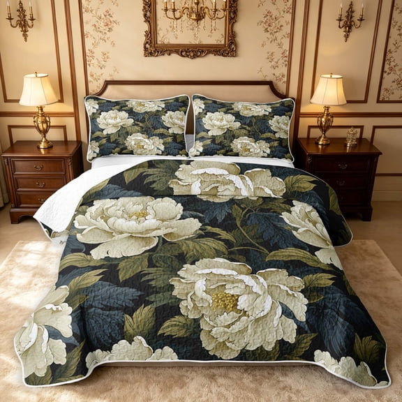 Erosebridal Traditional Flower Twin Quilt Set, Retro Floral Twin Coverlet Set, Black Reversible, Cream White Sage, 2 Pieces (1 Bedspread and 1 Pillowcase)
