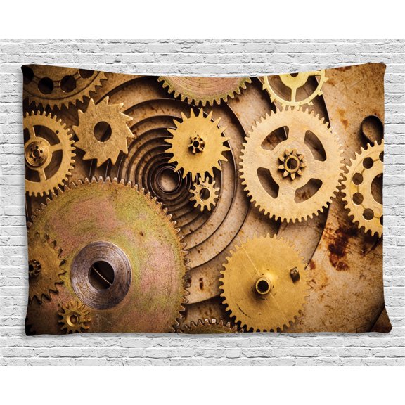 Steampunk Tapestry, Engineering Equipments Illustration of Mechanical Elements Wheels Close Up Image, Wall Hanging for Bedroom Living Room Dorm Decor, 80W X 60L Inches, Sand Brown, by Ambesonne