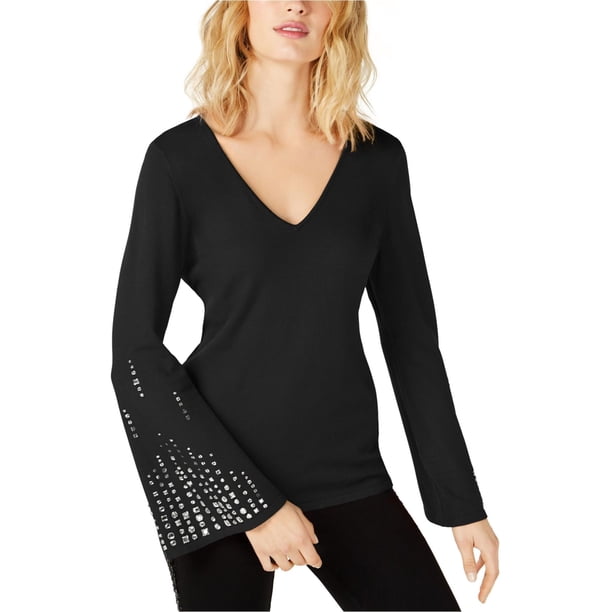 INC Blusa de punto adornada para mujer, negra, grande