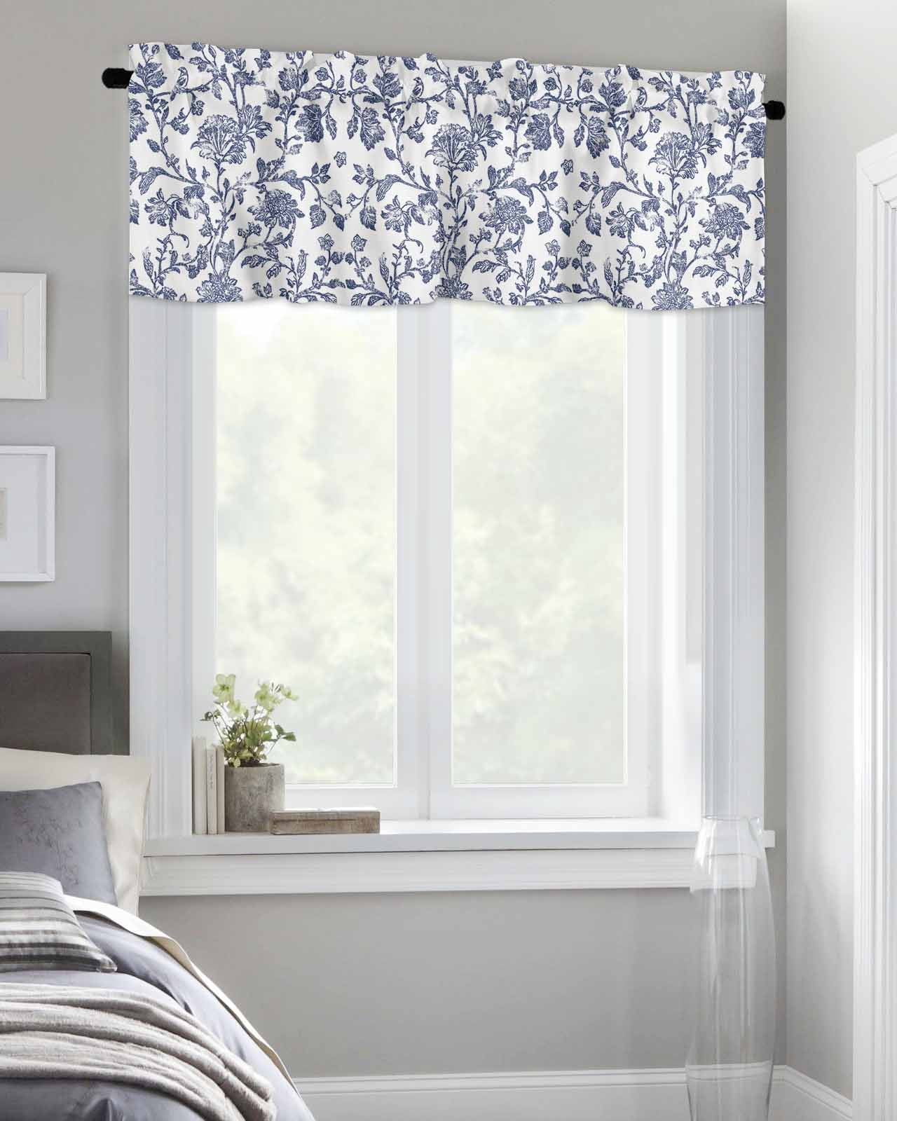 Watercolor Dark Blue Flower Curtain Valances for Kitchen Windows,Rod Pocket Short Valance Retro Pastoral Floral Texture Window Treatment for Living Room Bathroom Bedroom,42" x 12"-1 Panel