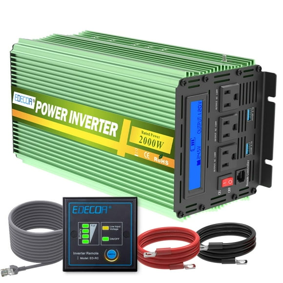 Inversor de corriente EDECOA, 2000 W, 24 V DC a 110 V AC, control remoto LCD