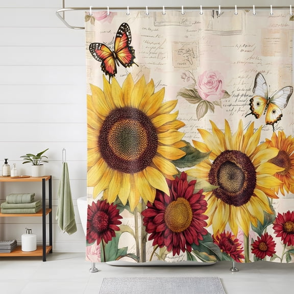 Sunflower Farmhouse Shower Curtains for Bathroom, Spring Summer Retro Butterfly Flowers Waterproof Fabric Shower Curtain, Decorative Bathroom Curtain for Bathtub, 72"x72" , No Hooks Included