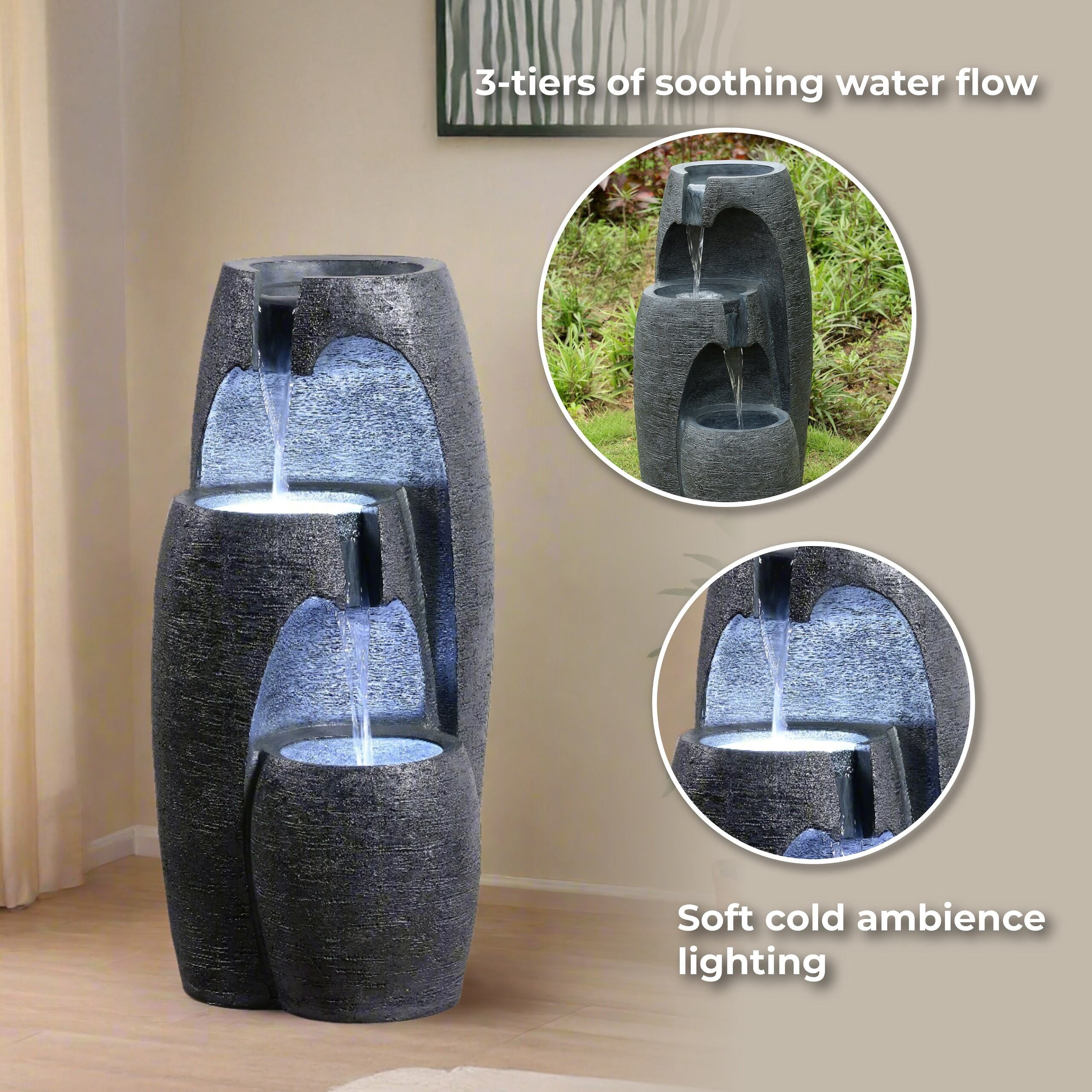 Teamson Home 3-Tier Cascading Urn Outdoor Water Fountain, Cool Glow Lighting with Adjustable Flow & Electric Pump, Black