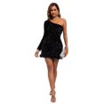 thumbnail image 1 of Vestido sexy PORRCEY con lentejuelas en un solo hombro y plumas, color negro, 1 of 6