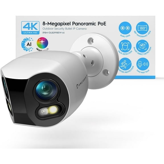 Amcrest Dual-Lens 4K (8MP) Outdoor Security POE Camera, 2 x 4K Lenses PoE AI Bullet IP Camera, 65ft Night Color, Face Detection, Panoramic 180° FOV, 2 x 4K@15fps IP8M-DLB2998EW-AI (White)