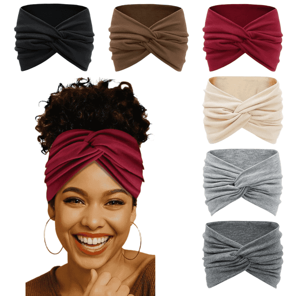 7" Extra Wide Headbands for Women Non Slip Workout Yoga Turban Head Wrap, Large Thick Boho Bandana Hair Bands Hair Accessories, 6 Pack