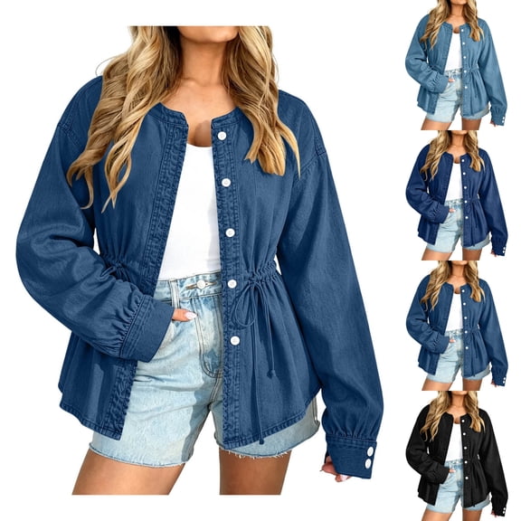 Nugftut Jean Jacket Women Button Down Long Sleeve Collarless Cinched Waist Denim Jackets