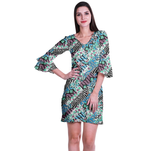 Moomaya Womens Imprimé Courte Robe Cloche Manches Robes de Décalage pour les Femmes Occasionnels Vêtements d'Été